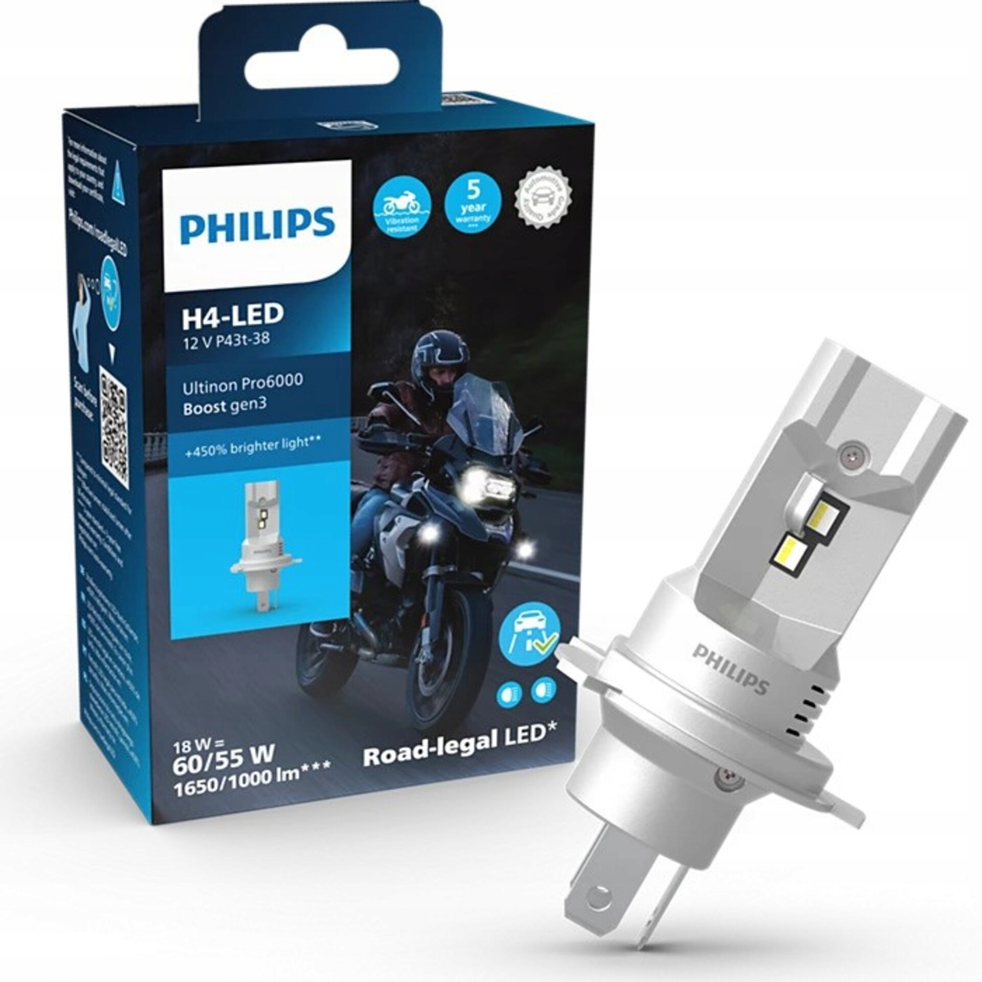Philips Led H4 12V 18W Ultinon Pro6000 Boost Gen3 +450% Moto homologácia 1ks
