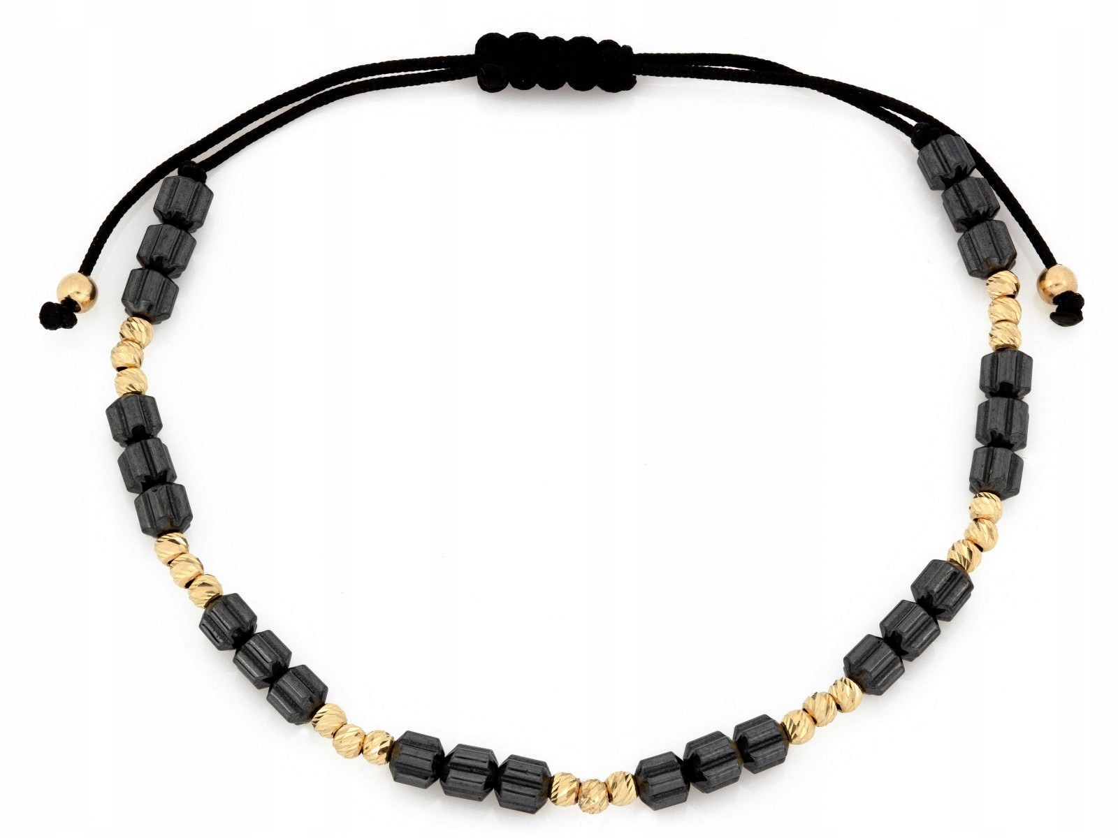 Náramek 585 14k zlaté kuličky a hematity 0.90g na černém provázku dárek