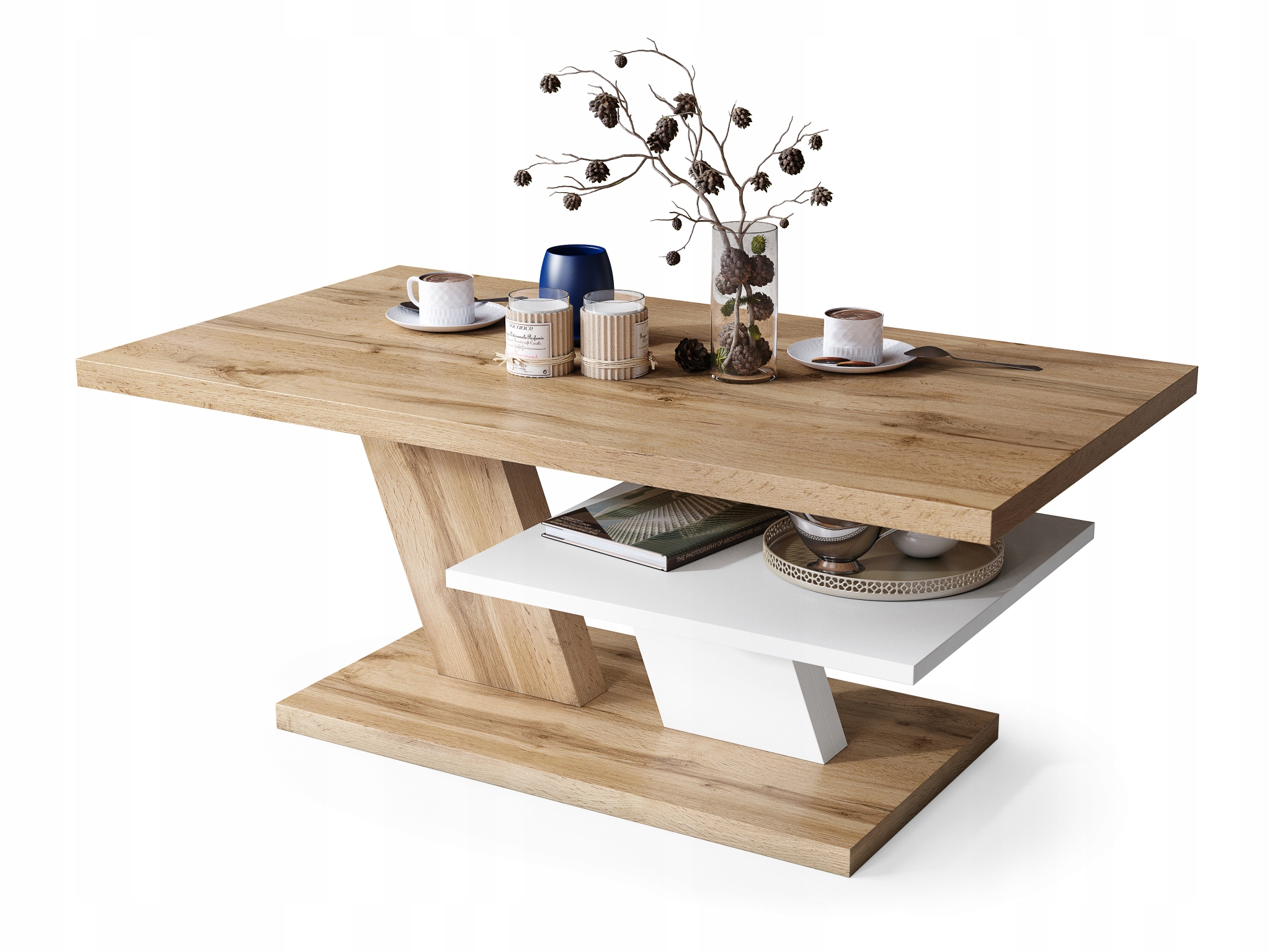 CLIFF MAT Dąb Wotan/Biały - NOWOCZESNA ŁAWA STOLIK KAWOWY Z PÓŁKĄ