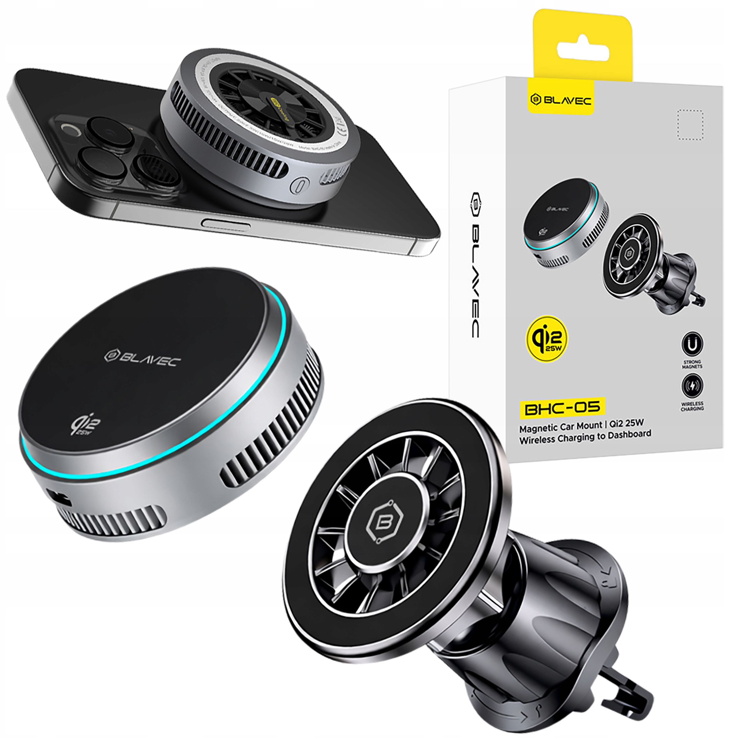 Uchwyt Samochodowy Magnetczny Na Telefon Z Ładowarka Indukcyjna Qi2.2 25W