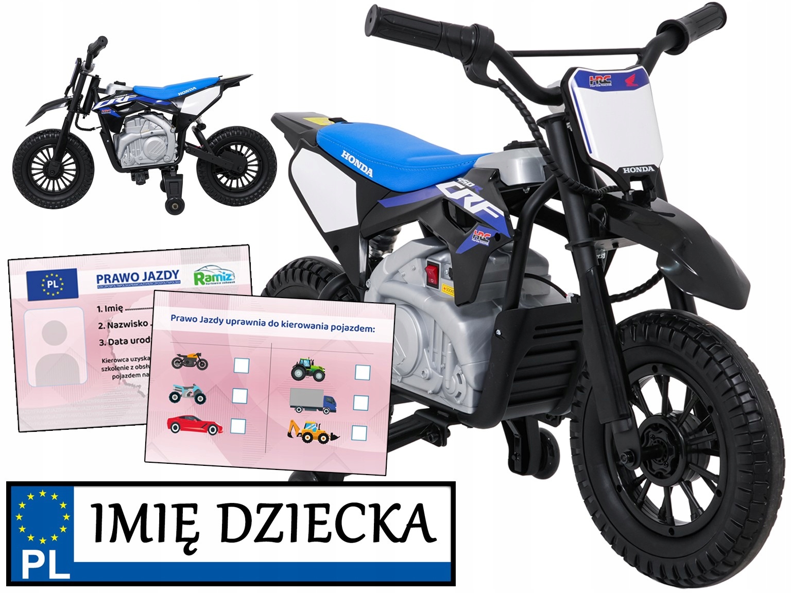 motor na akumulator Honda CFR450R kółka boczne Tablica Imienna Prawko
