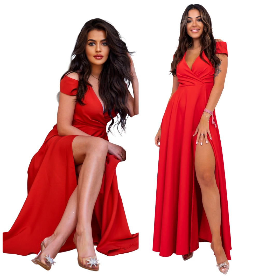 Gala Červená Šaty s Rozstřihem na svatební hostina ples, ples, ples L