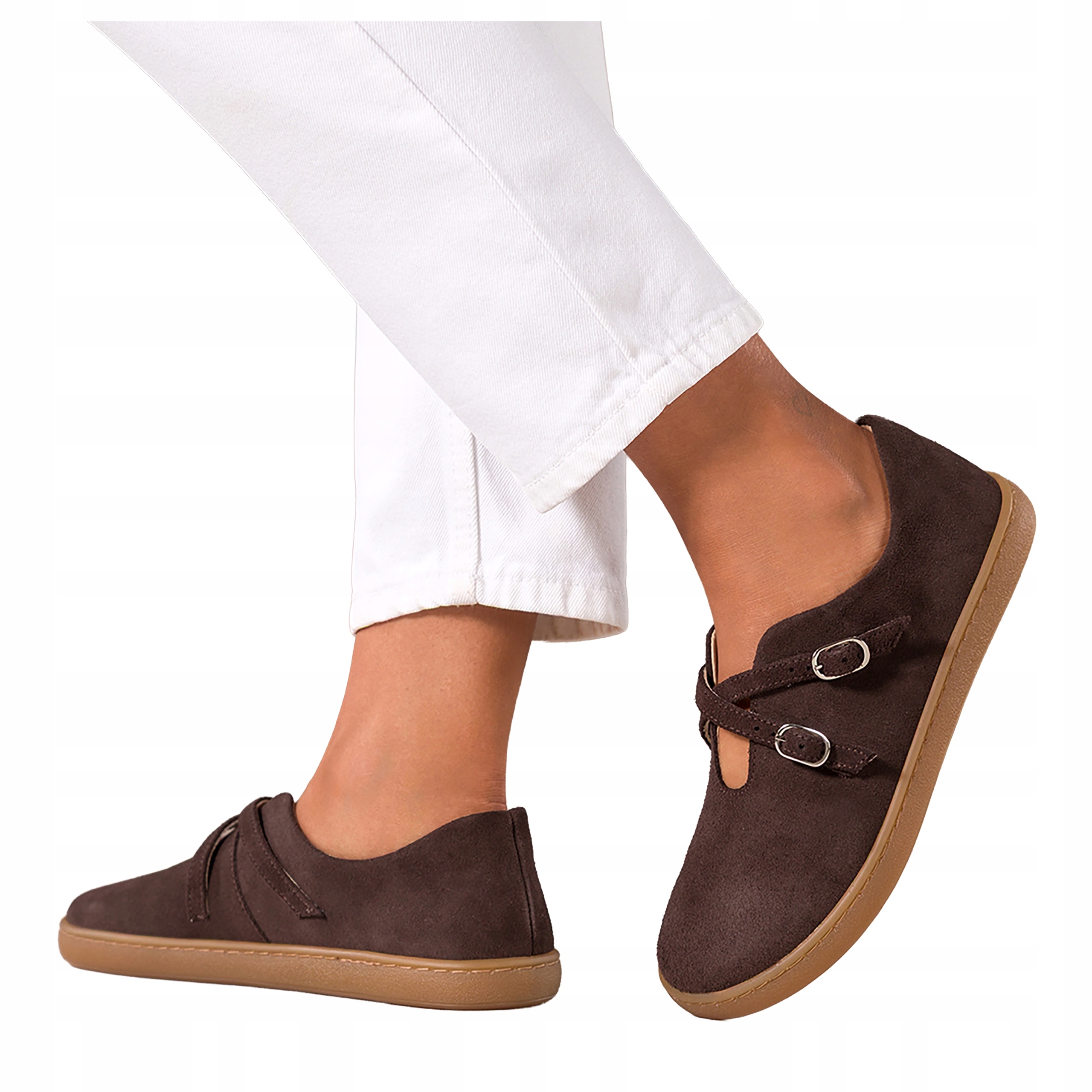 Čokoládové barefootové Baleríny Modne Dámské pásky s přezkami Kožené vel. 41