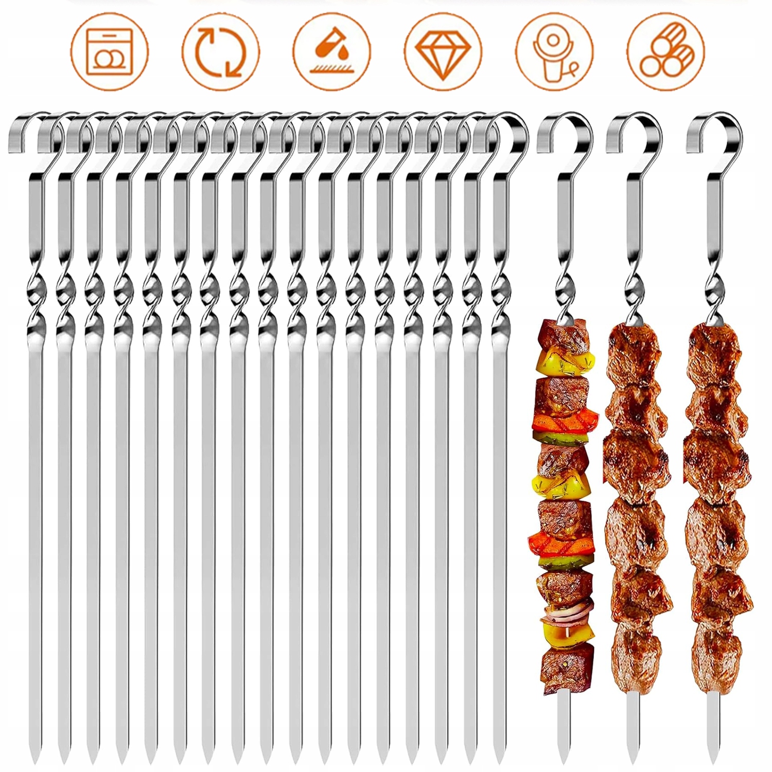 SZASZŁYKI DO KEBABA, 20 SZT. SZASZŁYKI DO GRILLA ZE STALI NIERDZEWNEJ 28 CM