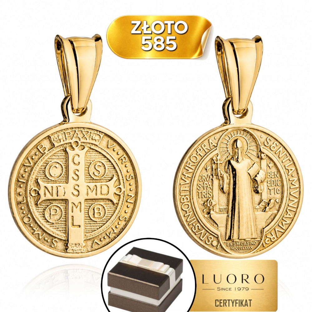 Zlatý Medailon 585 14K Svatý Benedikt Žluté Zlato 3,3 CM Elegantní