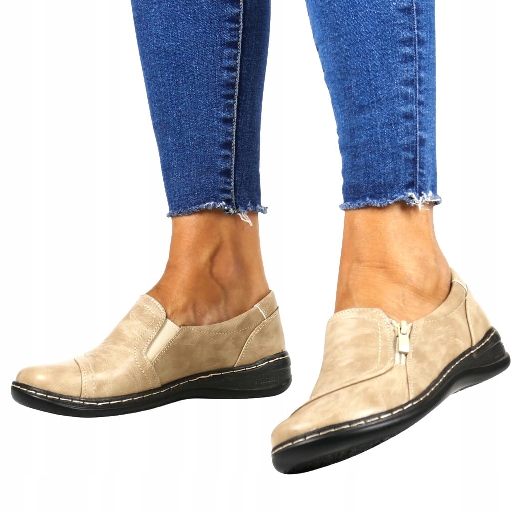 Béžové Polobotky S Nazouvacím Zapínáním Na Zip Pohodlné Široké Boty Pro Dámy 37