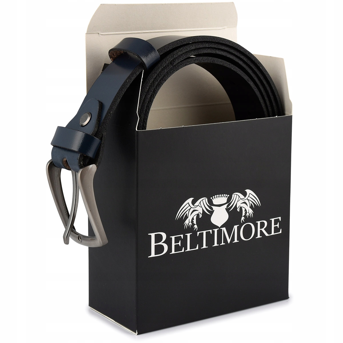 Beltimore skórzany pasek granatowy do spodni wąski Długość bez klamry 165 cm