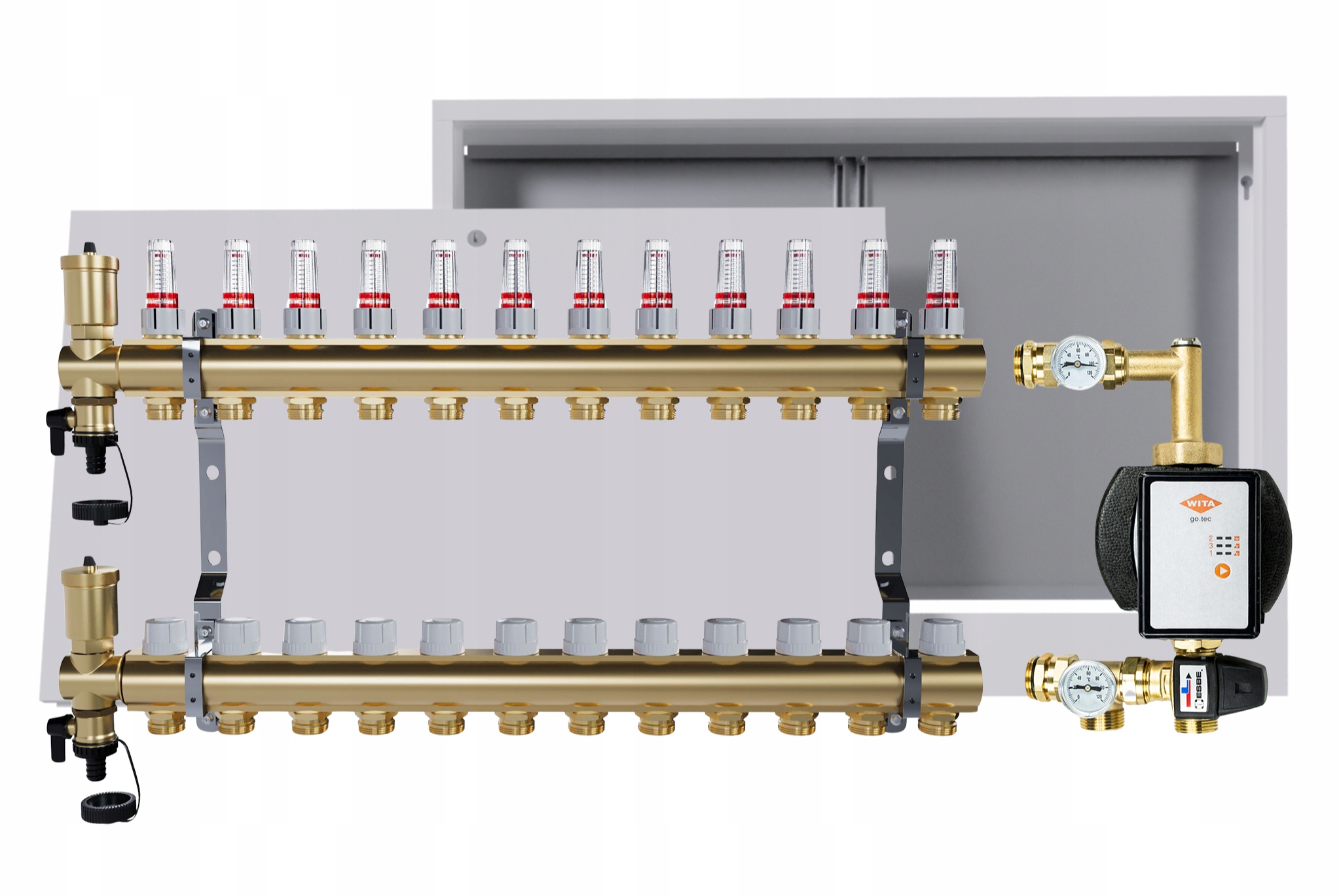 Rozdělovač pro podlahu 12 okruhů s čerpací skupinou Wita nástěnná skříňka