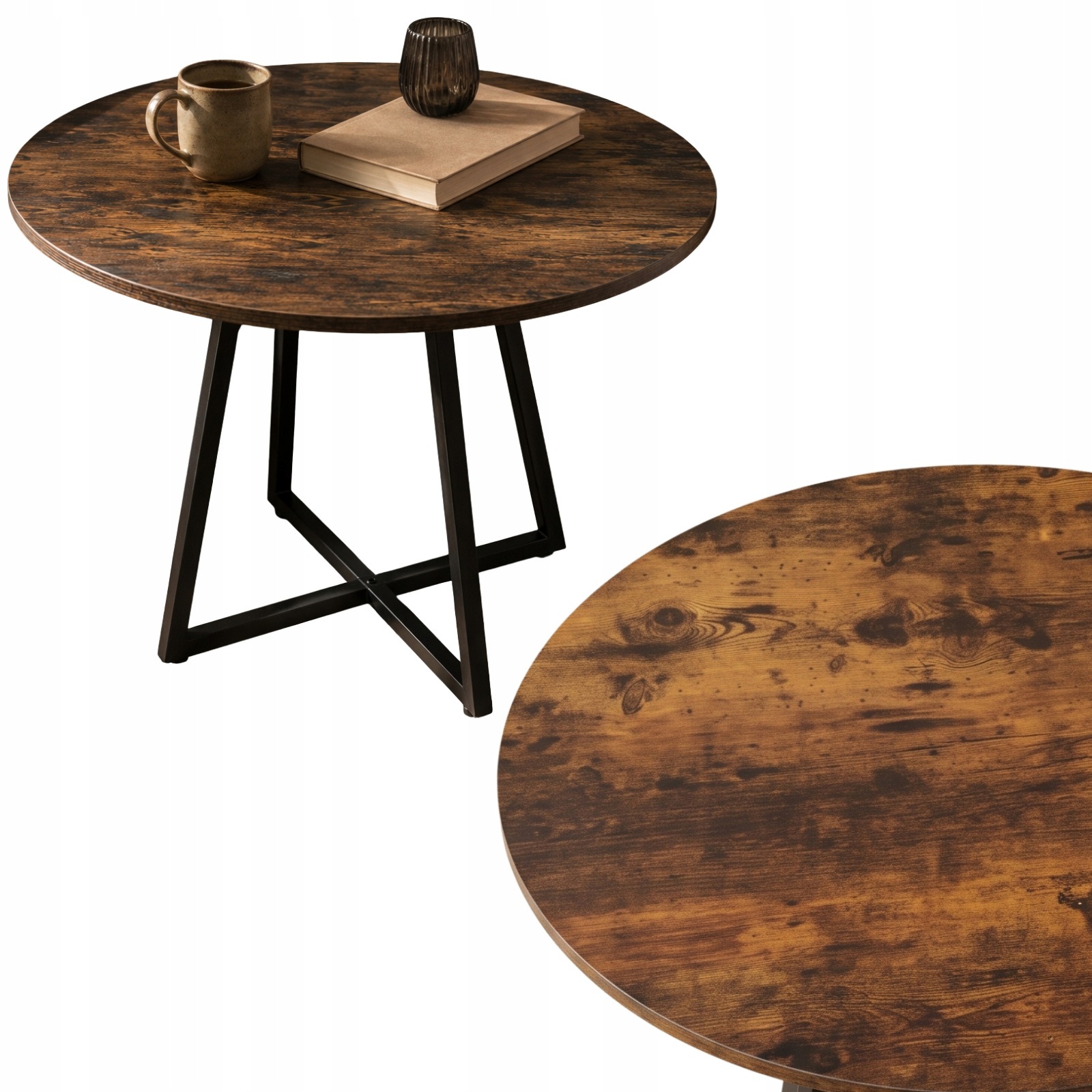 Stolek Kulatý Na Křížové Základně 80 CM 72 CM, Tmavě Hnědý Kov Mdf