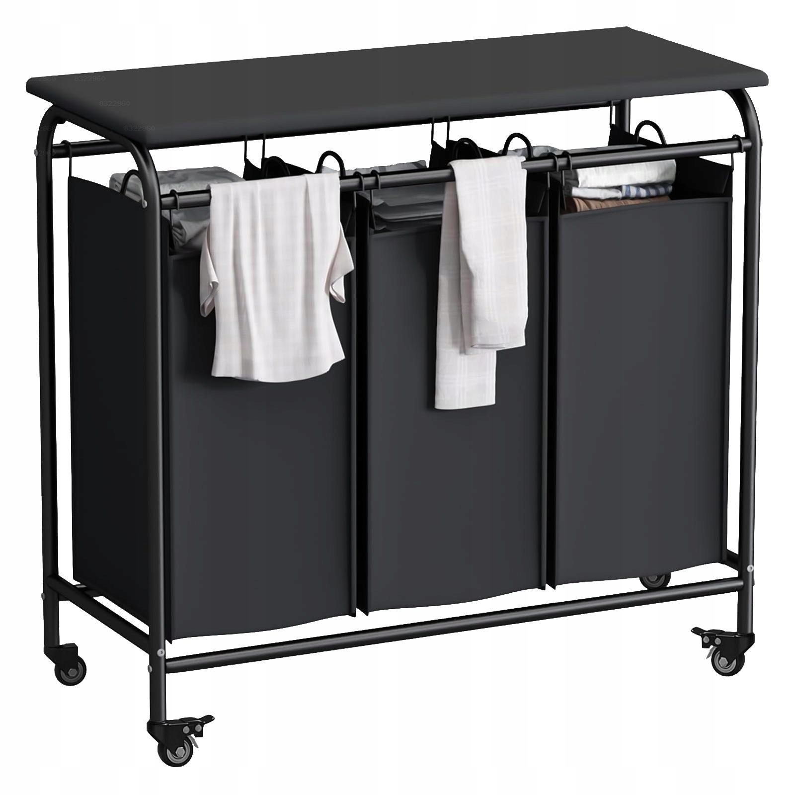 Ergonomický třímřížkový prádelní vozík s pohyblivými kolečky a žehlicím prknem