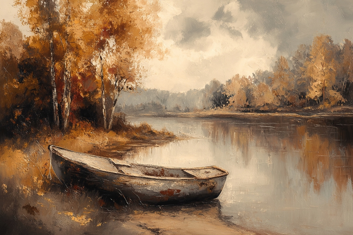 Obraz Na Plátně Canvas Podzimní Krajina Loďka Řeka Zlatý Podzim 120 x 80