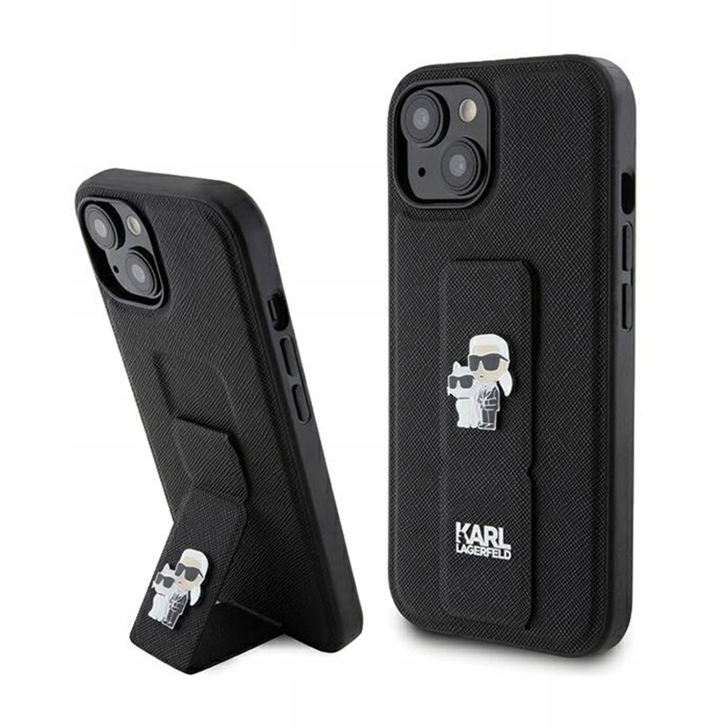 Karl Lagerfeld Gripstand Saffiano Choupette Pins Pouzdro na iPhone 15 Plus černé