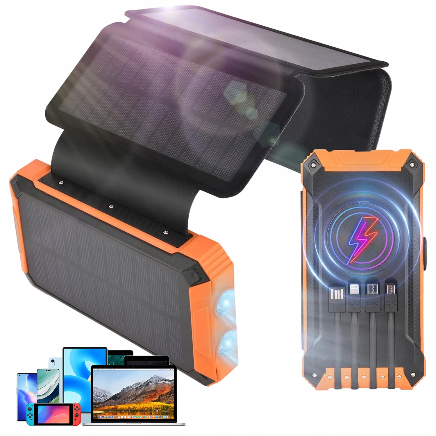 Power Bank Solarny 20000MAH Bezprzewodowy 3 Porty 4 Kable Wbudowane Led