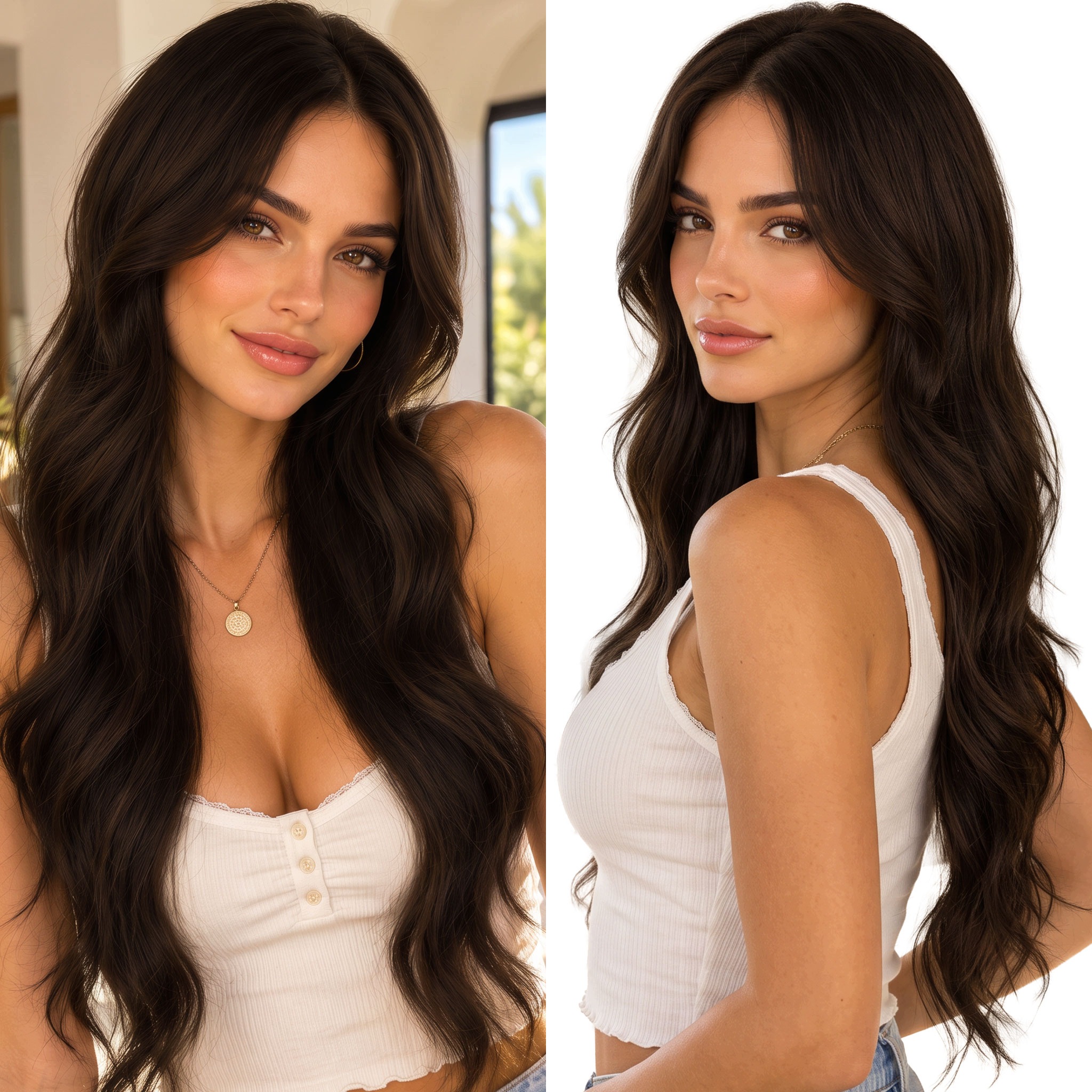 Peruka syntetyczna długa fale ciemny brąz mocno cieniowana Skin Top 80cm