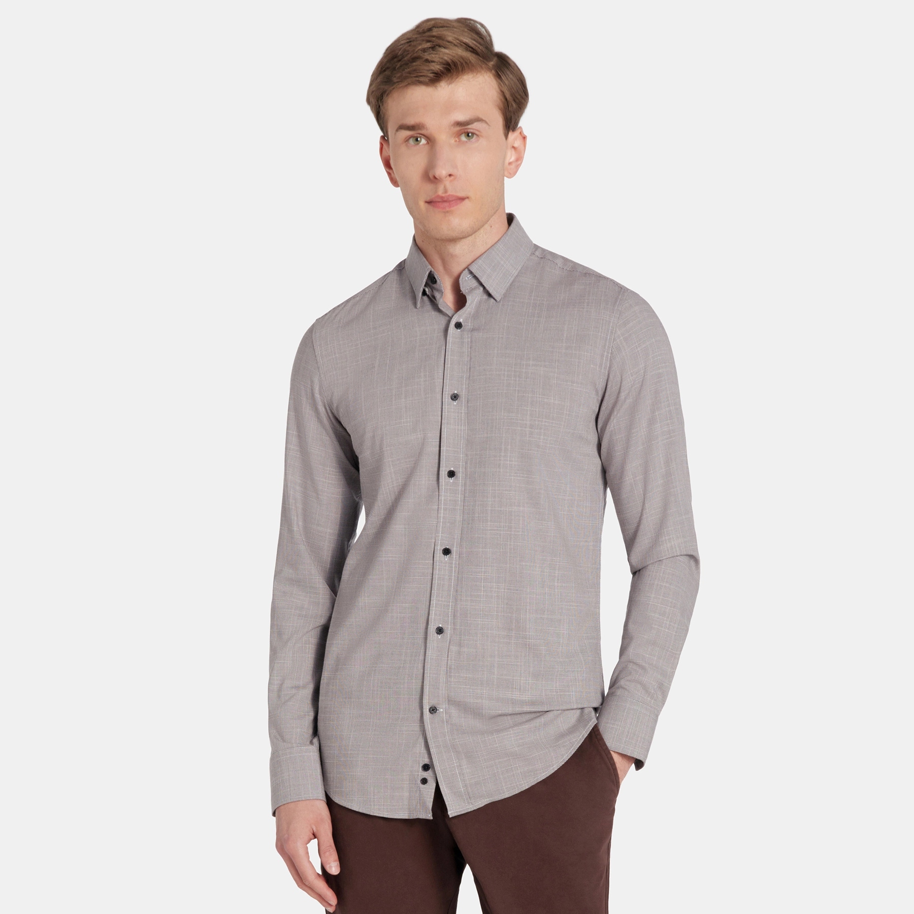 Hnědá pánská košile s dlouhým rukávem ve vzoru pepitky Pako Lorente vel S