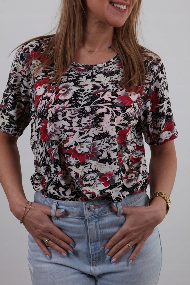 LEKKA BLUZKA ZWIEWNA MAŁE KWIATY KWIATKI KOLORY XL Dekolt okrągły