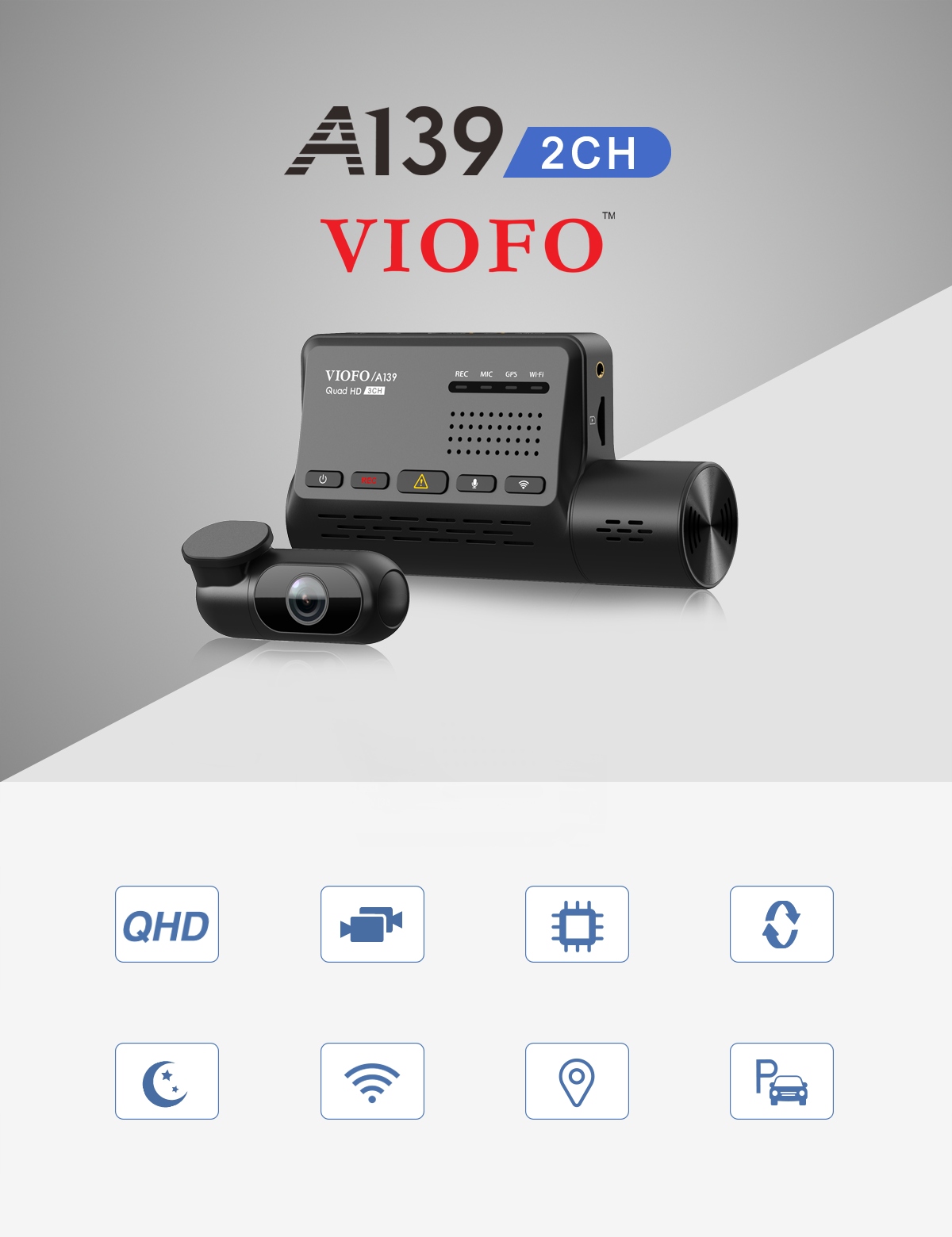 KAMERA REJESTRATOR VIOFO A139 2CH GPS WIFI 2 KAMER Cechy dodatkowe automatyczny start czujnik ruchu czujnik wstrząsów dwie kamery kodek H.264 nagrywanie dźwięku wyświetlacz