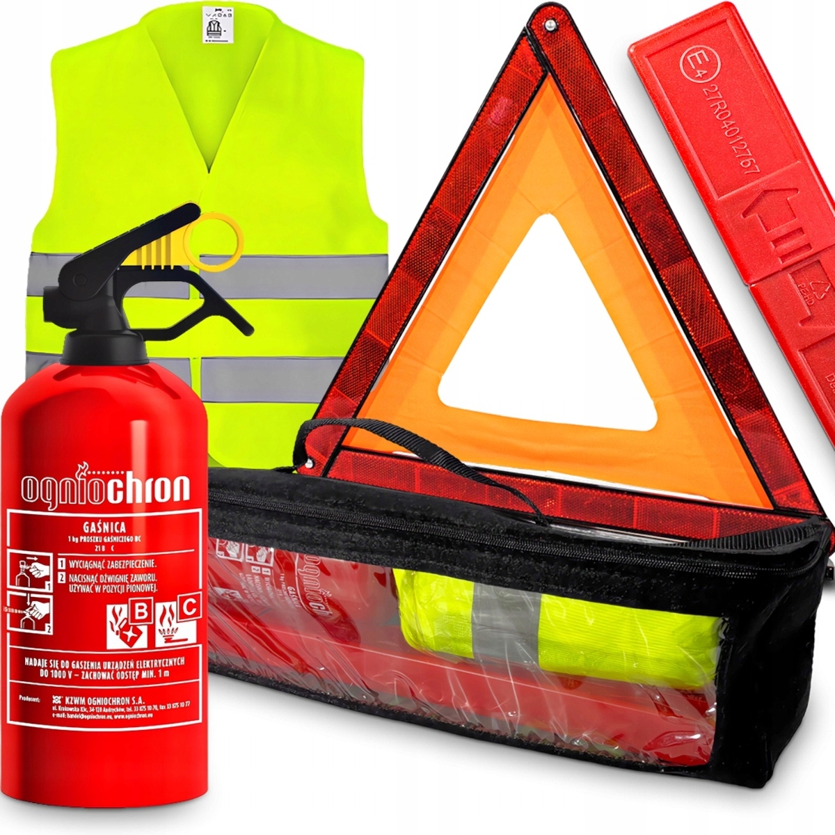 Zestaw bezpieczeństwa gaśnica 1 kg trójkąt ostrzegawczy kamizelka torba
