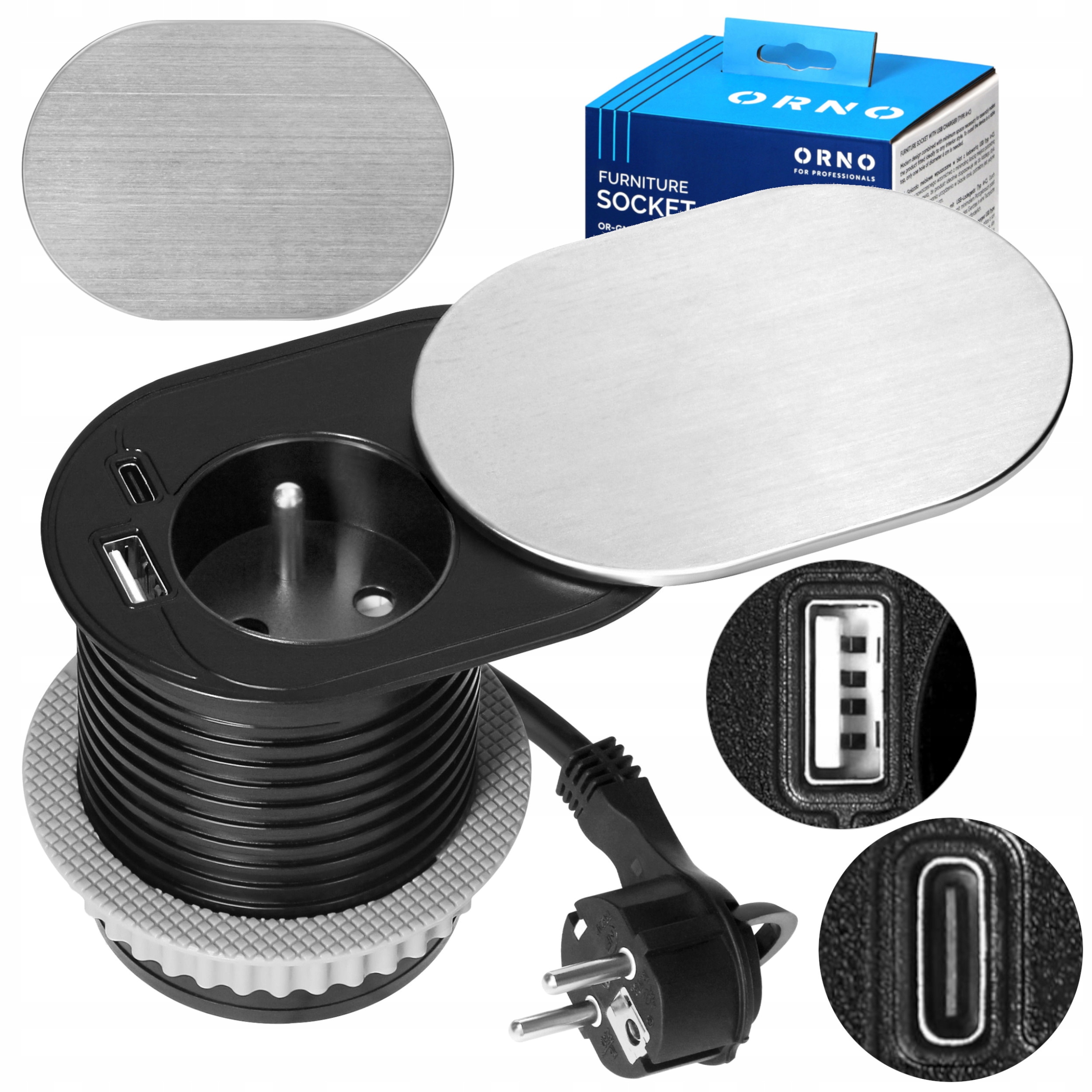 Gniazdo Wpuszczane Chowane w Blat Usb Usb-c Przesuwana Pokrywa Srebrne 1,9m