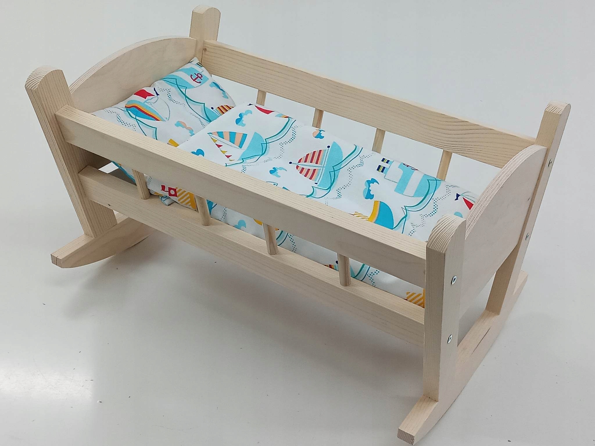 KOŁYSKA DREWNIANA dla lalek NIEMALOWANA + POŚCIEL