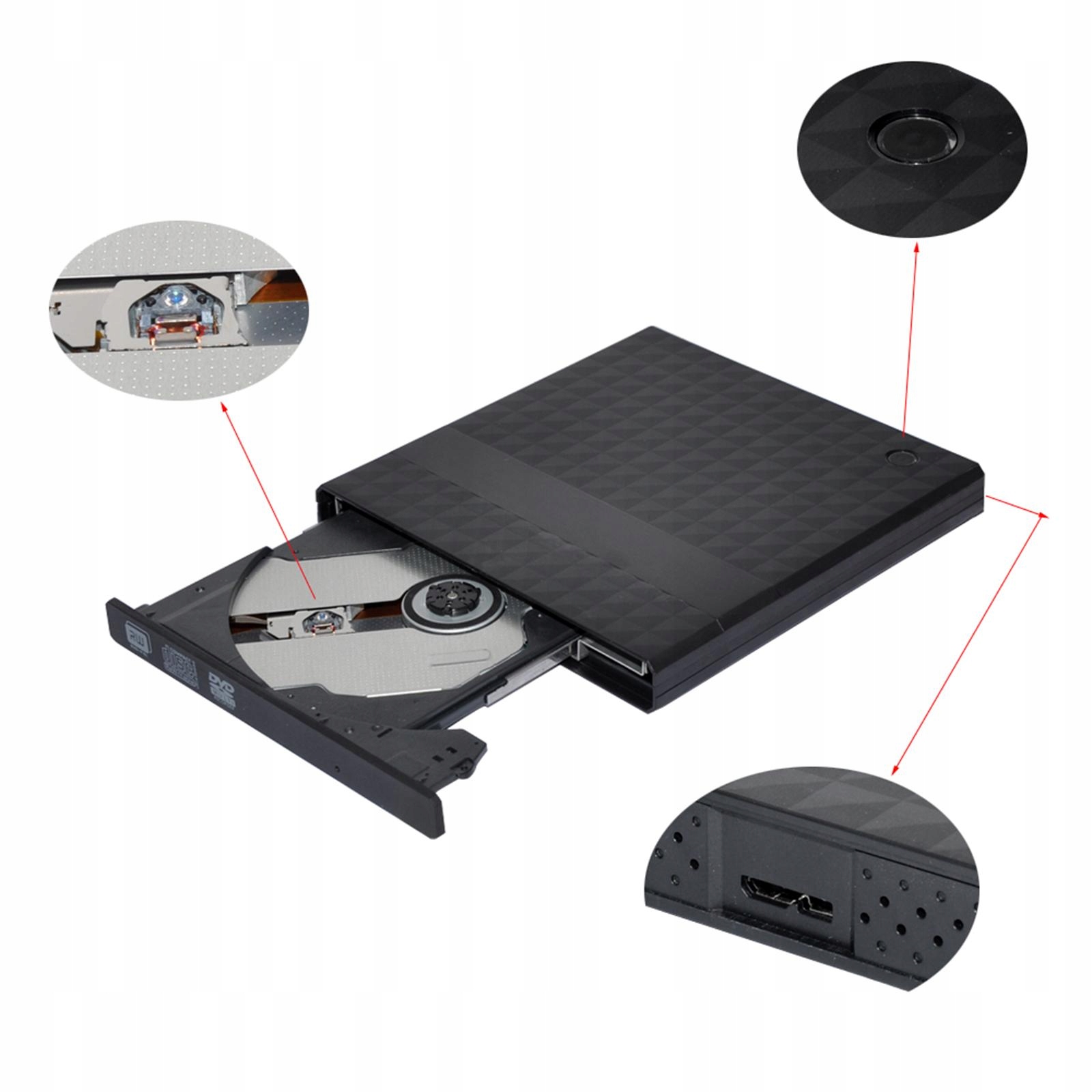 Przenośny zewnętrzny dysk DVD USB 3.0 Wzór w kratkę Model Przenośna nagrywarka CD z nagrywarką do odczytu i