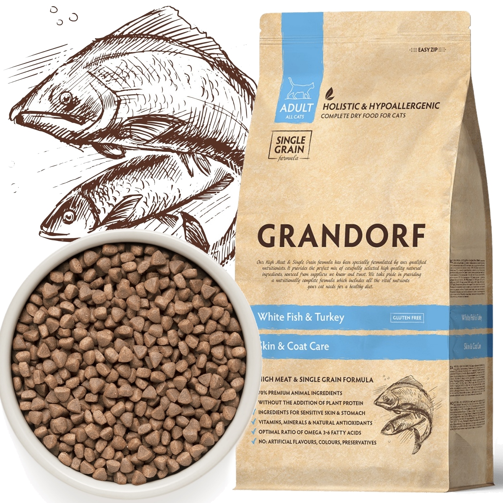 Grandorf White Fish Turkey Skin Coat Care Ryby Indyk Karma Dla Kota 2kg