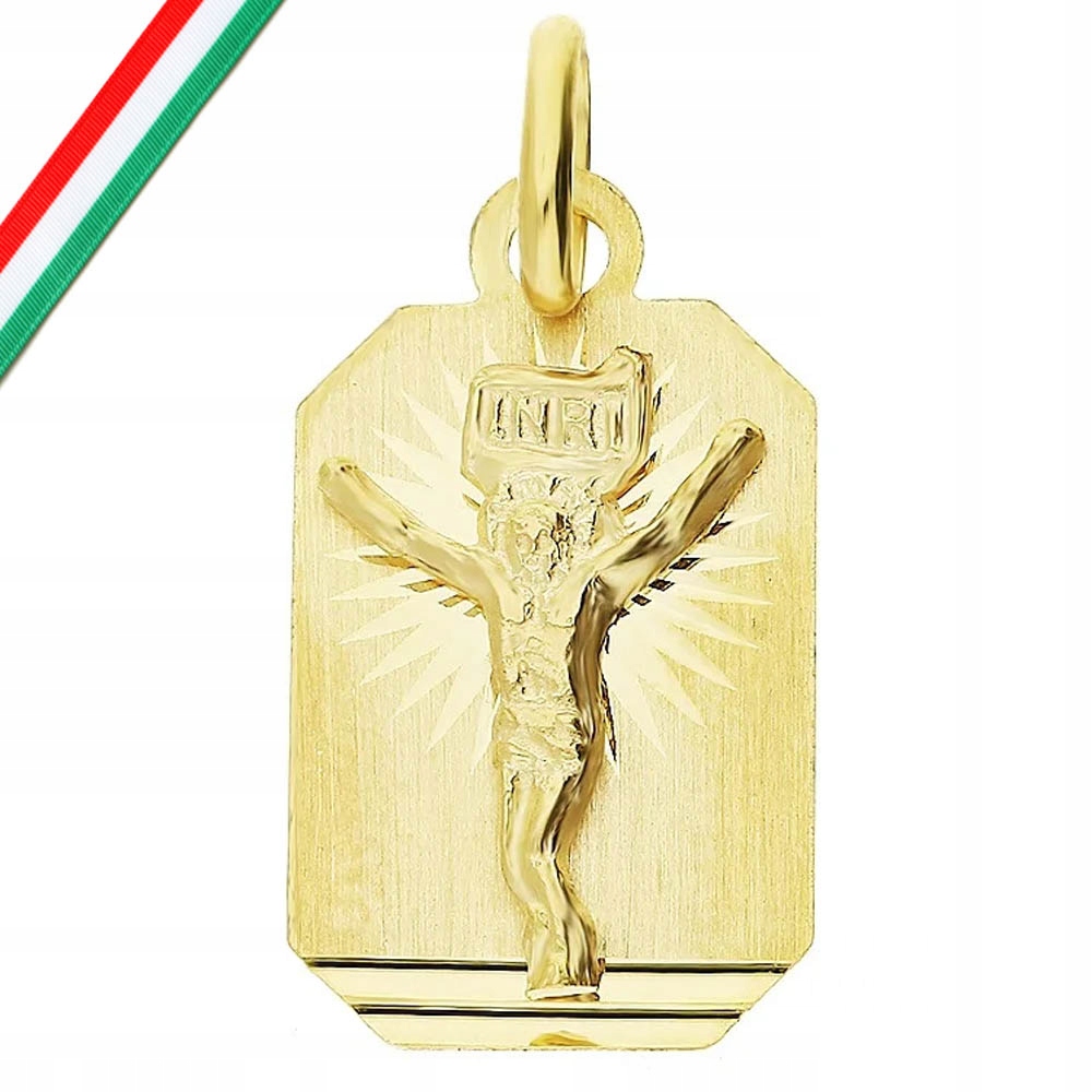 Medailon ze žlutého zlata ryzosti 585, obdélníková destička s Ježíšem Ukřižovaný