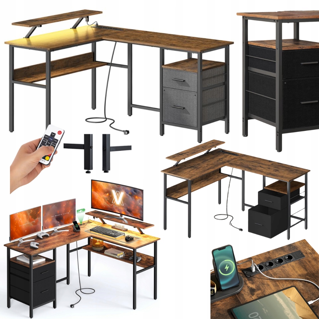 Počítačový stôl Rohový L-tvarovaný Rgb Podsvietenie Zásuvky Usb Bronzová