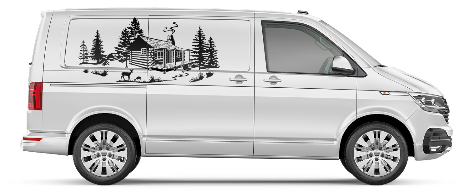 Samolepka Grafika na auto karavan Motiv Dům Les Příroda Zvířata 60x128