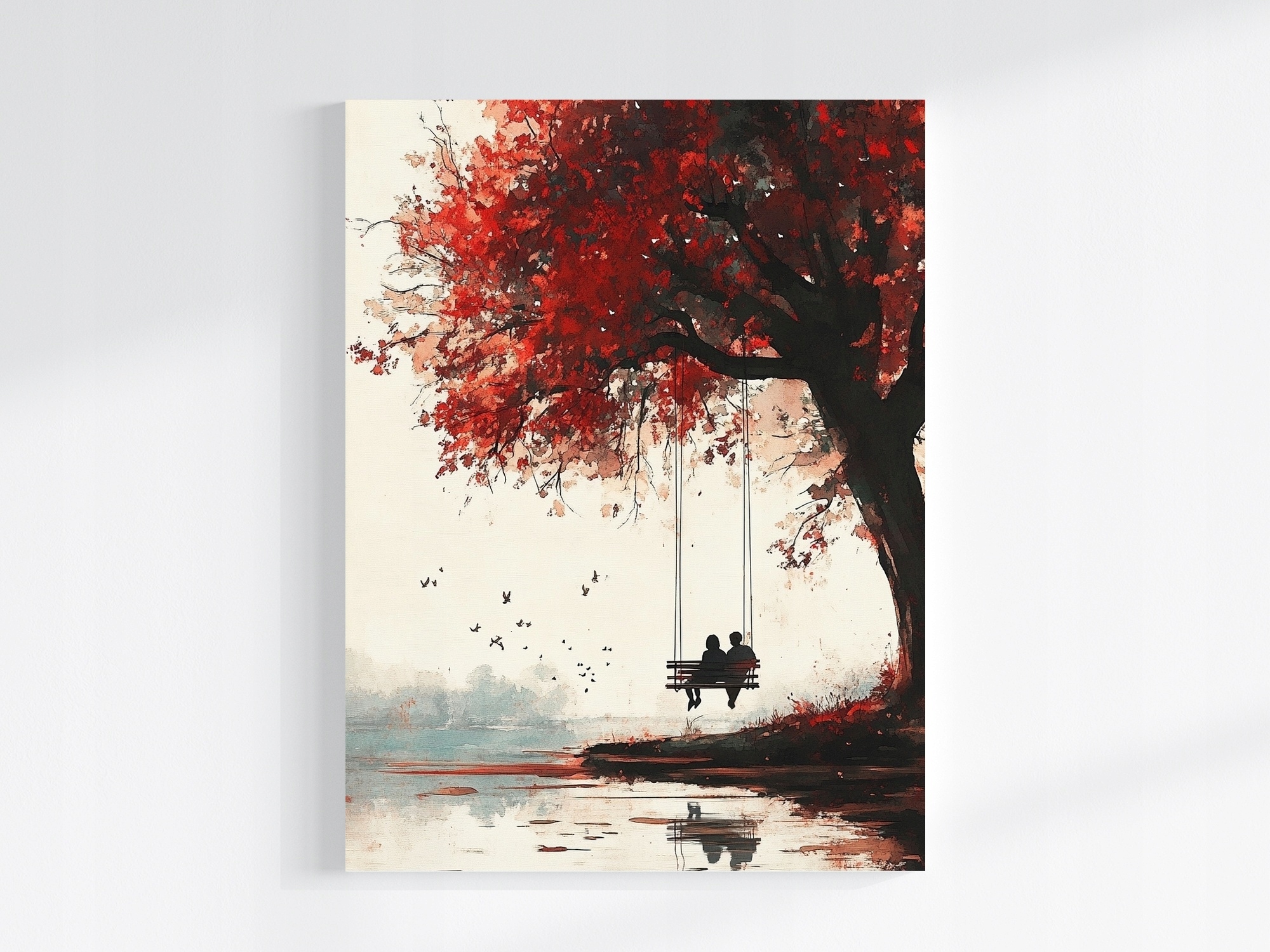 Obraz Na Plátně Canvas Grafika Dřevo Podzim Houpačka Pár Jezero 75x100