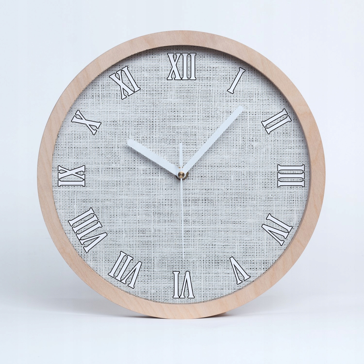 Dřevěný nástěnný hodinový stroj s lněným plátnem, bílé plátno, průměr 25 cm