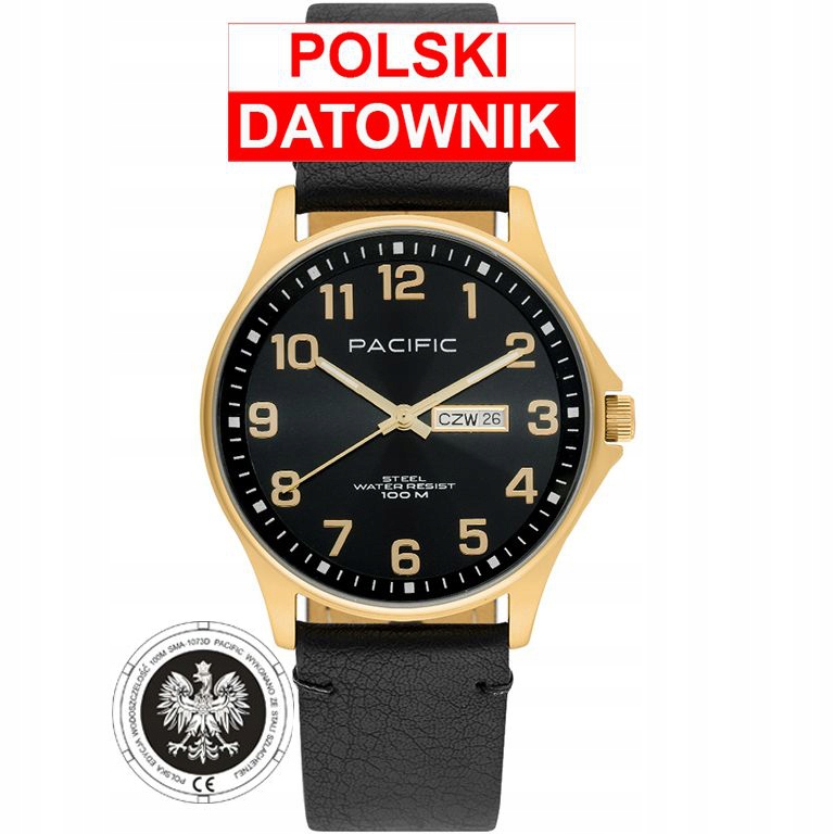 Pacific Polska SMA-1073D-06 zlaté hodinky s orlem a polskou datumovkou