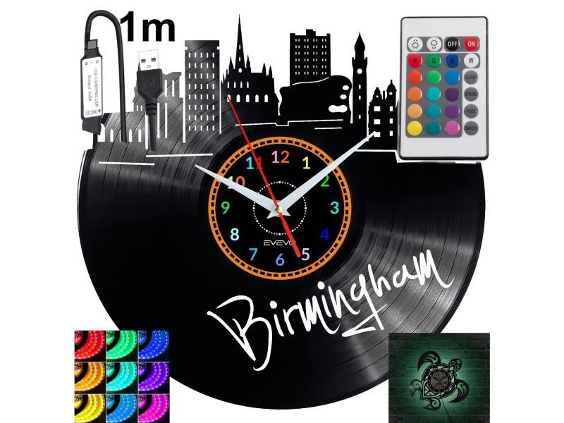 Birmingham Nástěnné hodiny podsvícené Led Rgb na dálkové ovládání Vinylová deska Nově