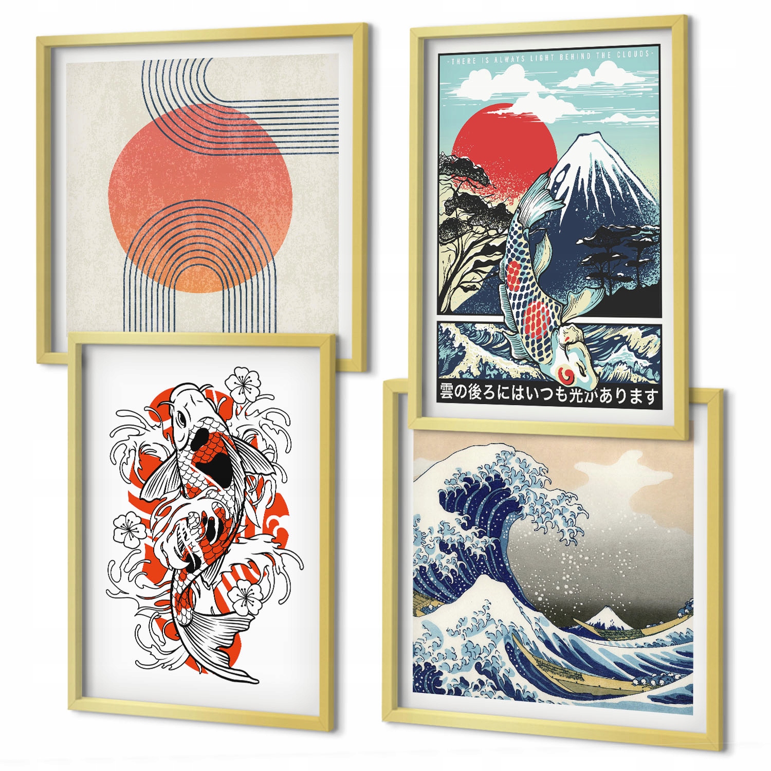 Obraz připravený k zavěšení Ilustrace hor ryb vlna Japonsko Zlatý rám