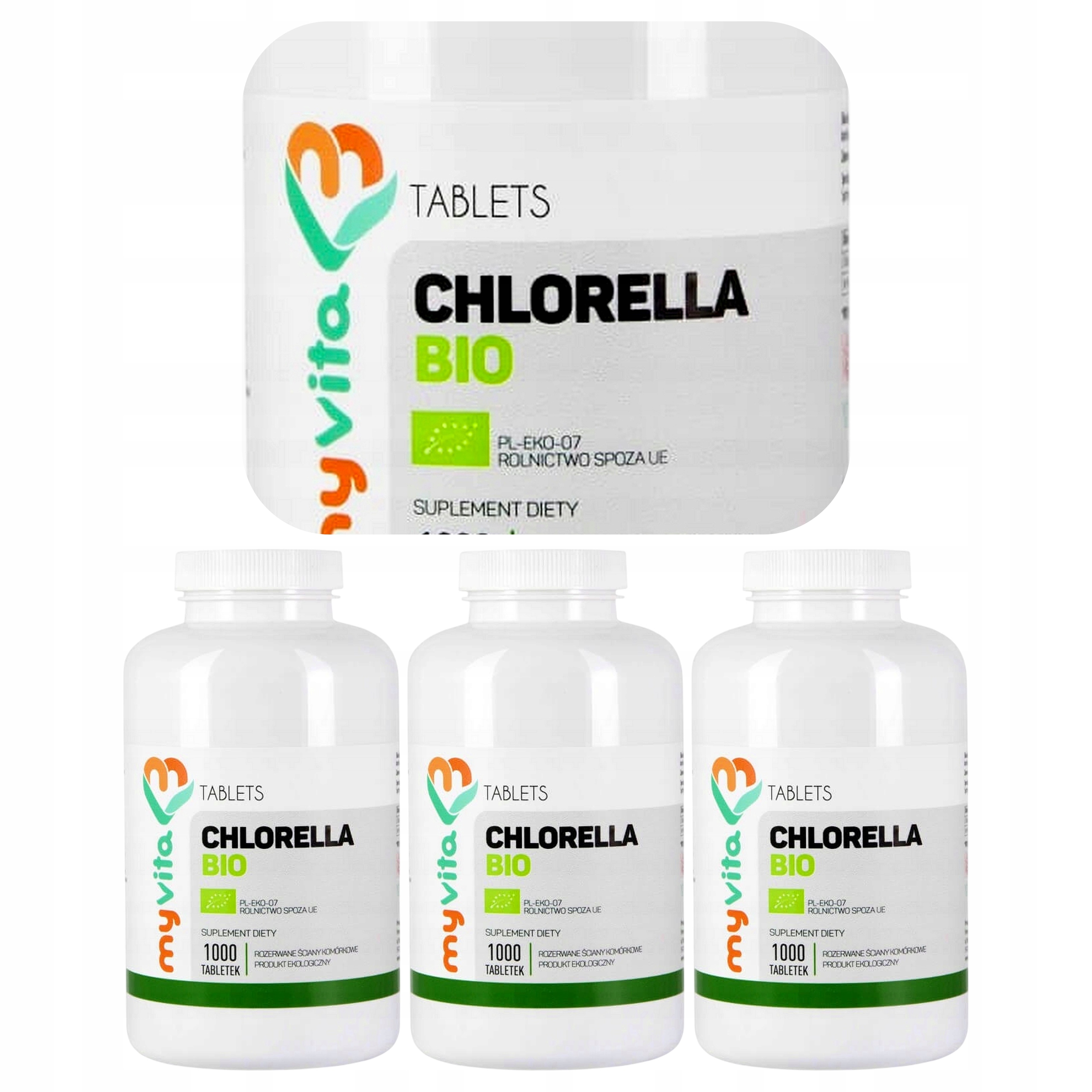 3x Myvita Chlorella Bio 250 mg Rozerwane Ściany Komórkowe 1000 tabletek
