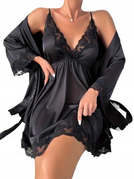 Elegantní Černý Saténový Komplet Župan Hedvábná Saténová Košile XL