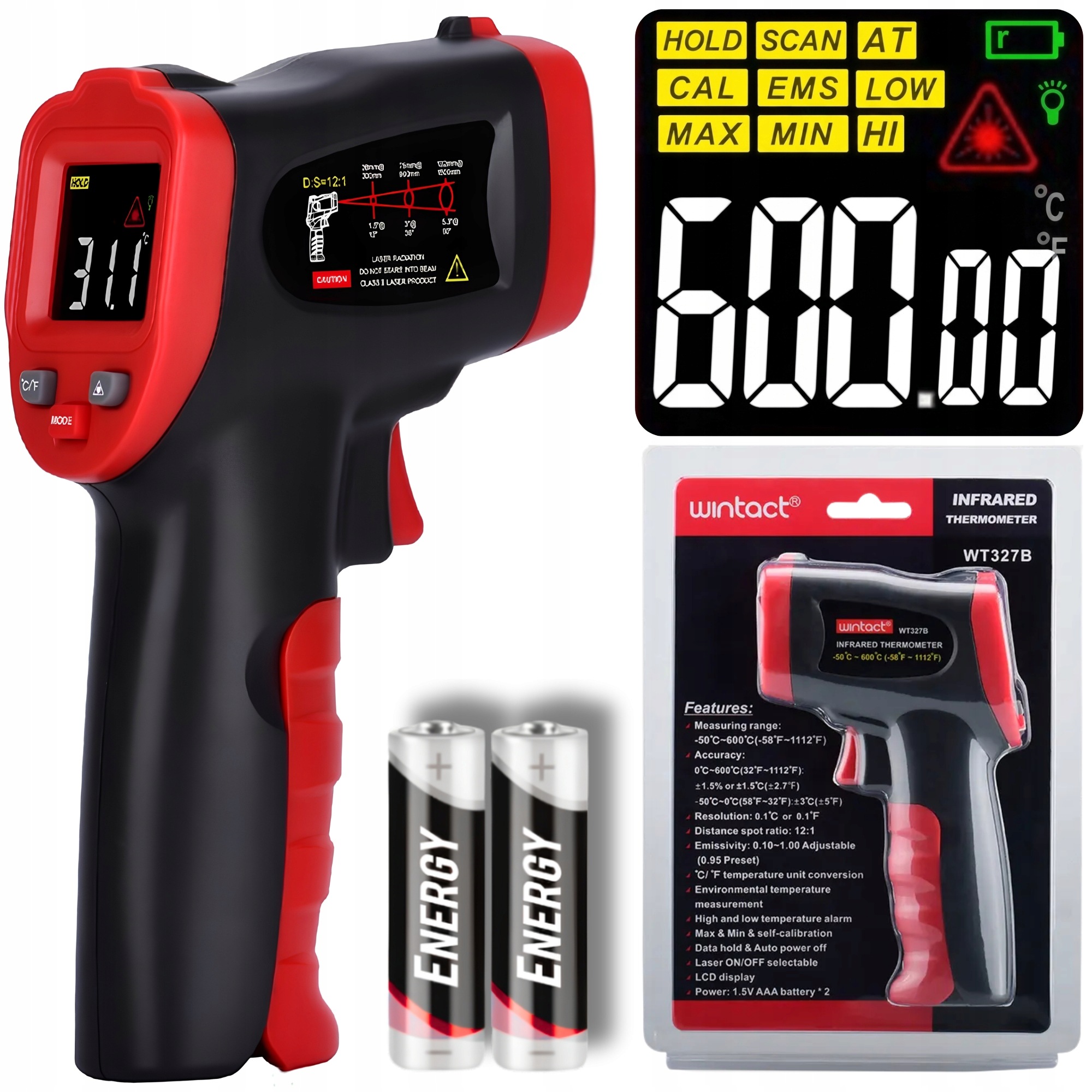 Pirometr Termometr Laserowy Bezdotykowy Na Podczerwień Emisyjność -50+600°C