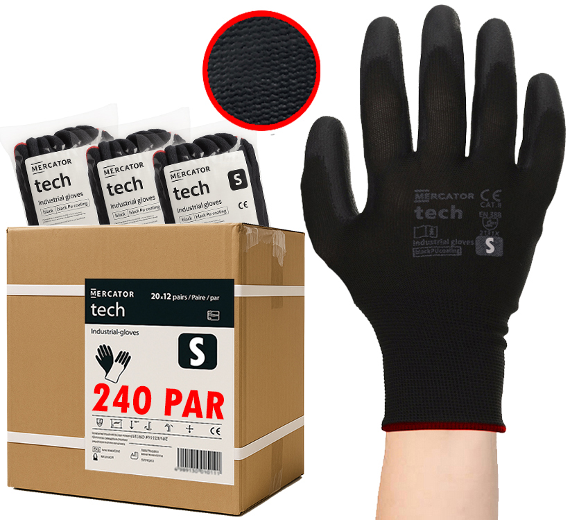 Levně Pracovní Rukavice Black+black Tech Pu Poliur Se Stahovací Šňůrkou S 240 Párů