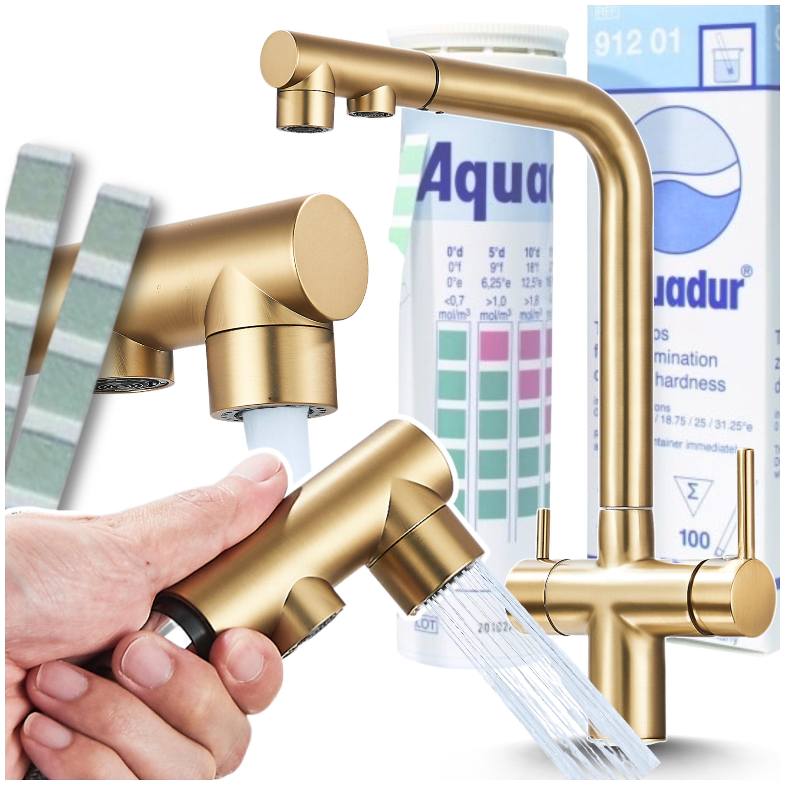 Trojcestná Kuchynská Bateria s výsuvným výtokom Kohútik Kuchyňa Mosadz Zlatá