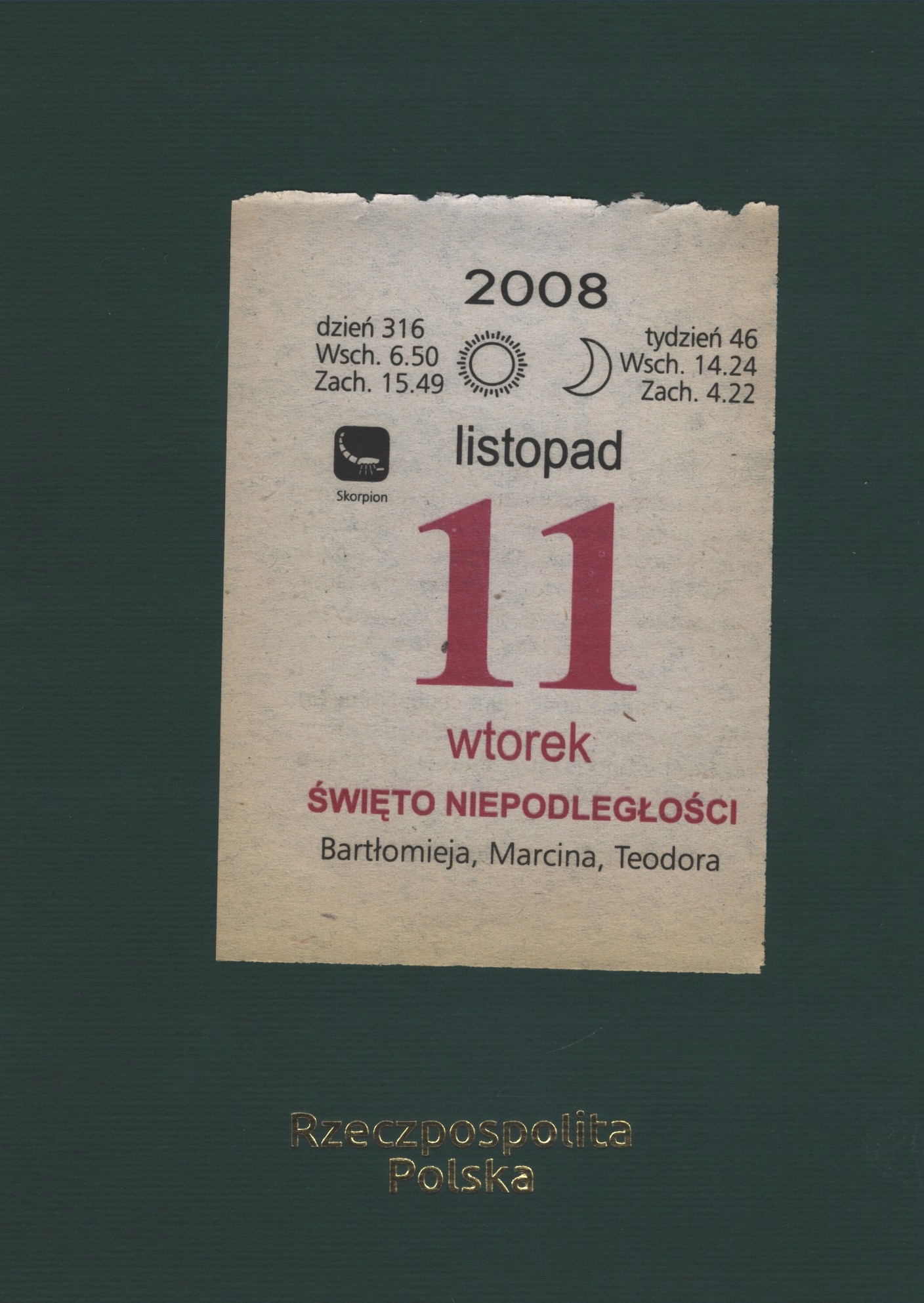 KARTKA Z KALENDARZA, 11.11.2008r. PREZENT, WSPOMNIENIA, URODZINY
