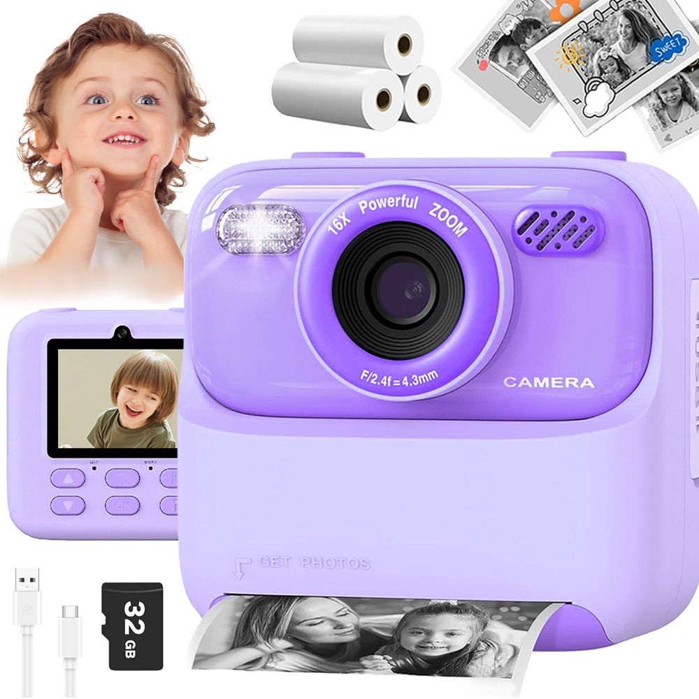 Fotoaparát S Tiskárnou Fialový Videohry Okamžitý Tisk 3 Rolí Usb 1200MAH