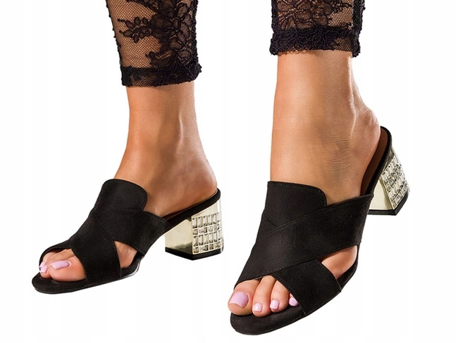 ELEGANCKIE KLAPKI DAMSKIE NA OZDOBNYM KLOCKU KRYSZTAŁKI WKŁADKA SKÓRA r 40