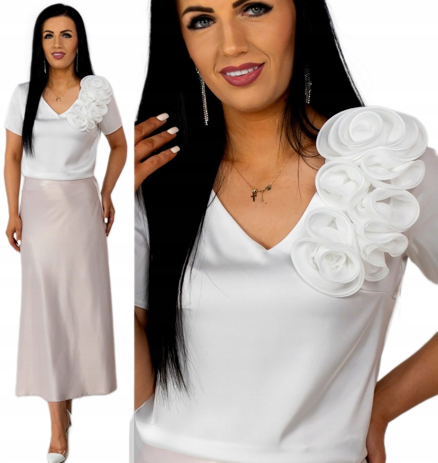 Elegantní bílá saténová halenka s květinami, halenka na přijímání Ecru L