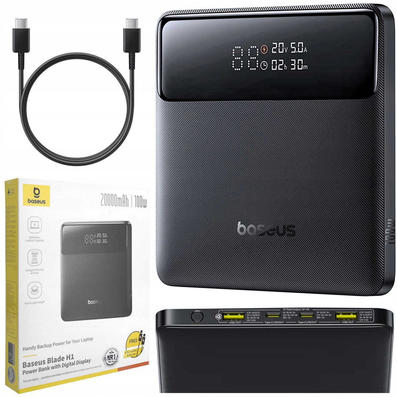 Powerbanka Baseus 100W 2x Usb-a 2x Usb-c Usb-c kábel, silný, vysoký výkon