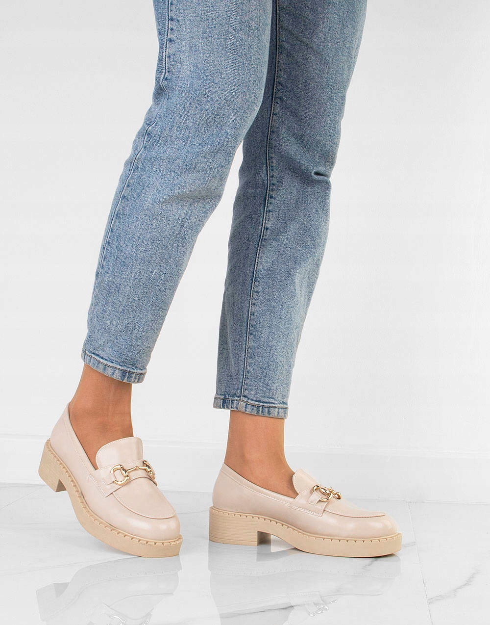 6464 BEŻOWE MOKASYNY PÓŁBUTY PLATFORMA ŁAŃCUCH 41 Rozmiar UK 7