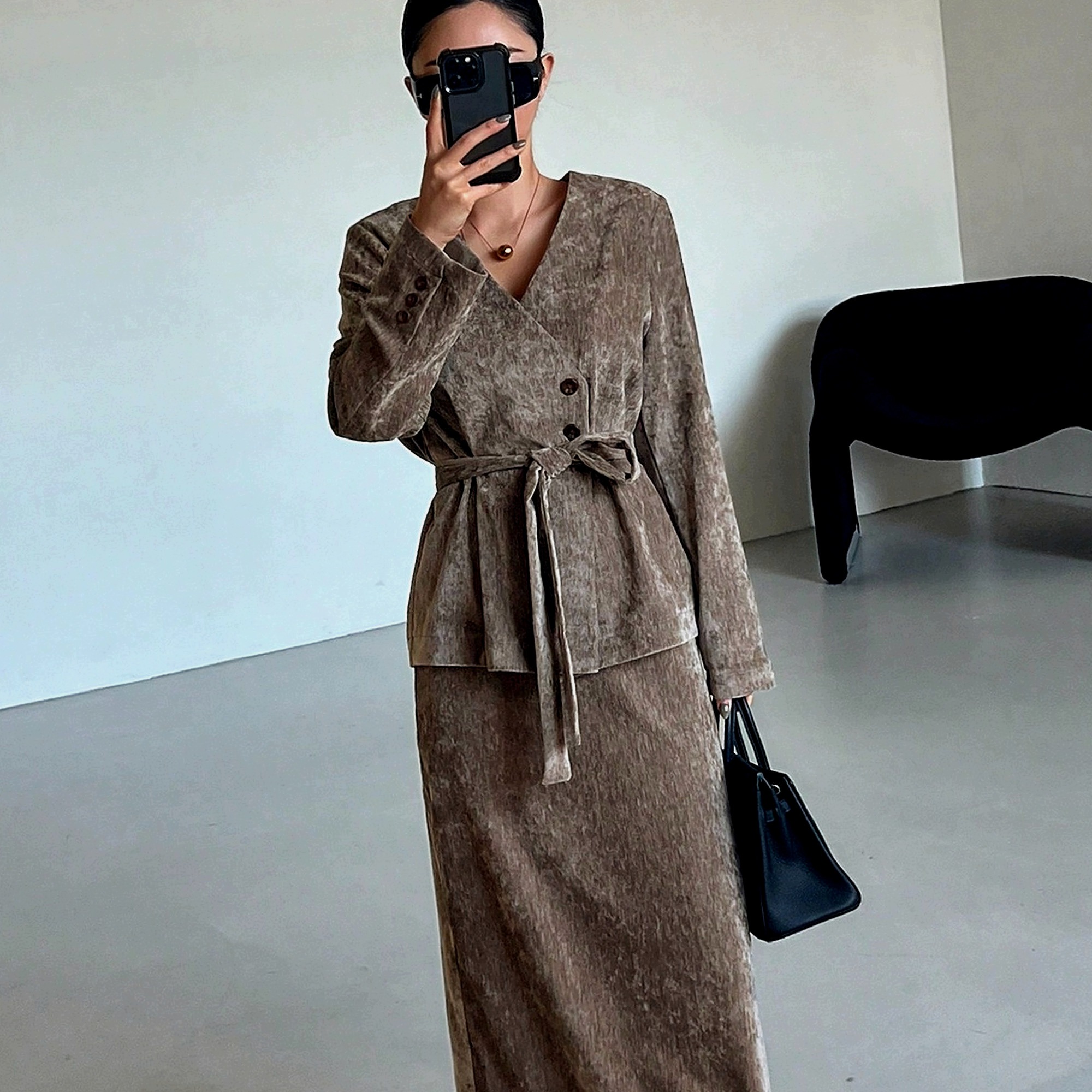 Dámský čokoládový komplet Velurový Návštěvnický Stylový Trendy S 36