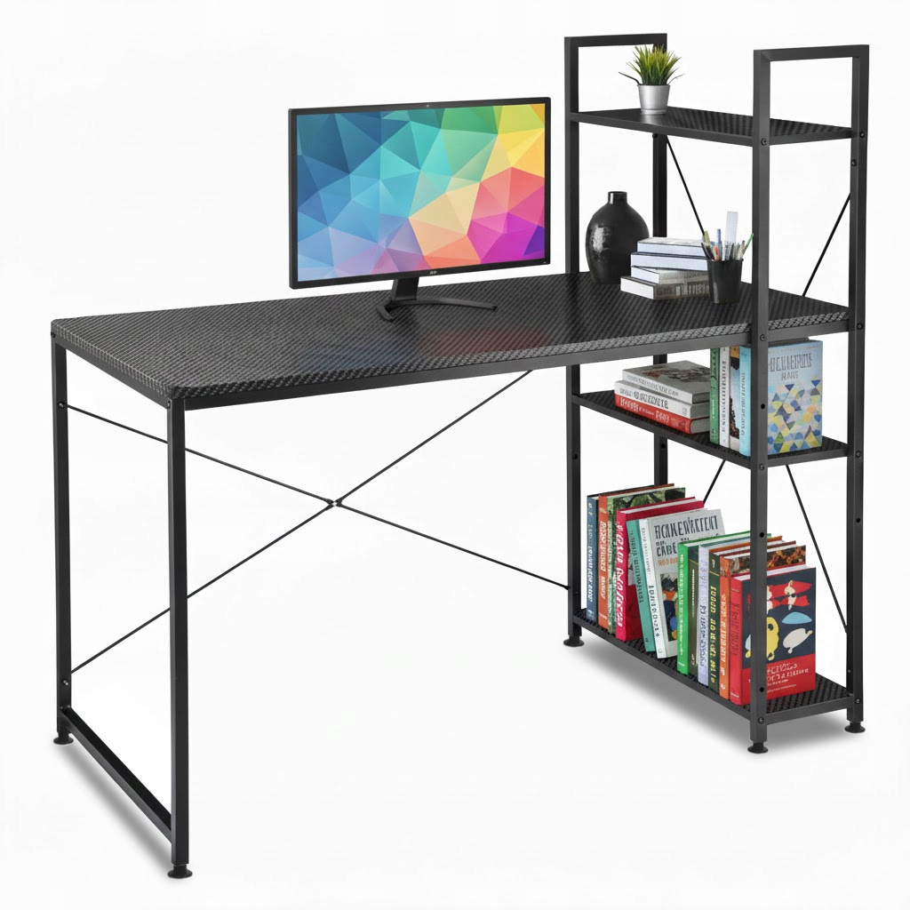 Psací stůl s nadstavkou herní loft rustikální černý s policemi, regál, stolek