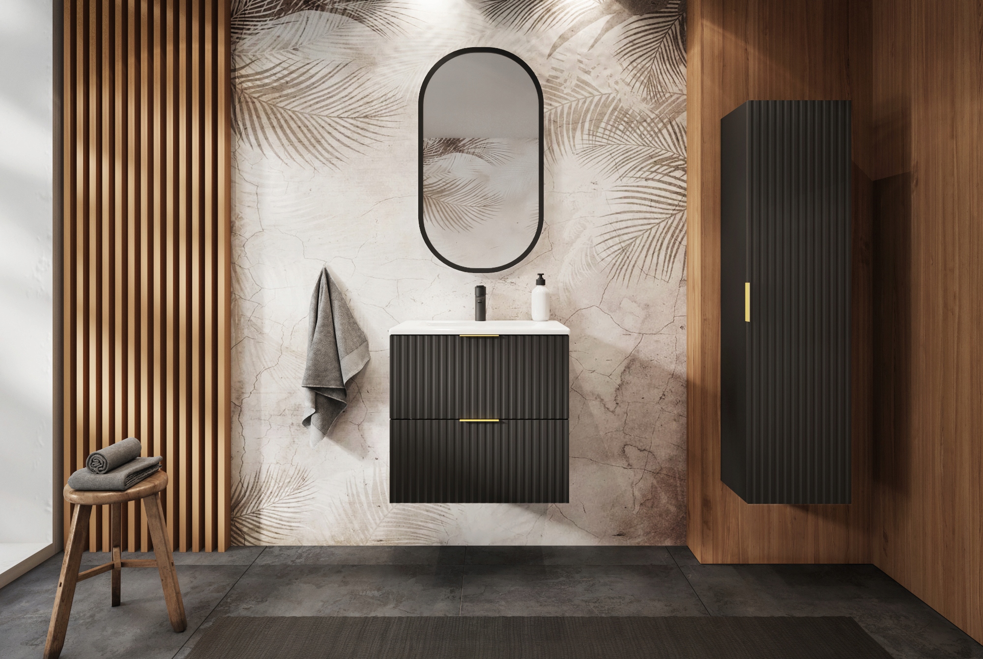 Czarna Szafka Łazienkowa pod Umywalkę 120 cm Modne RYFLOWANE fronty MFD Liczba półek nie dotyczy