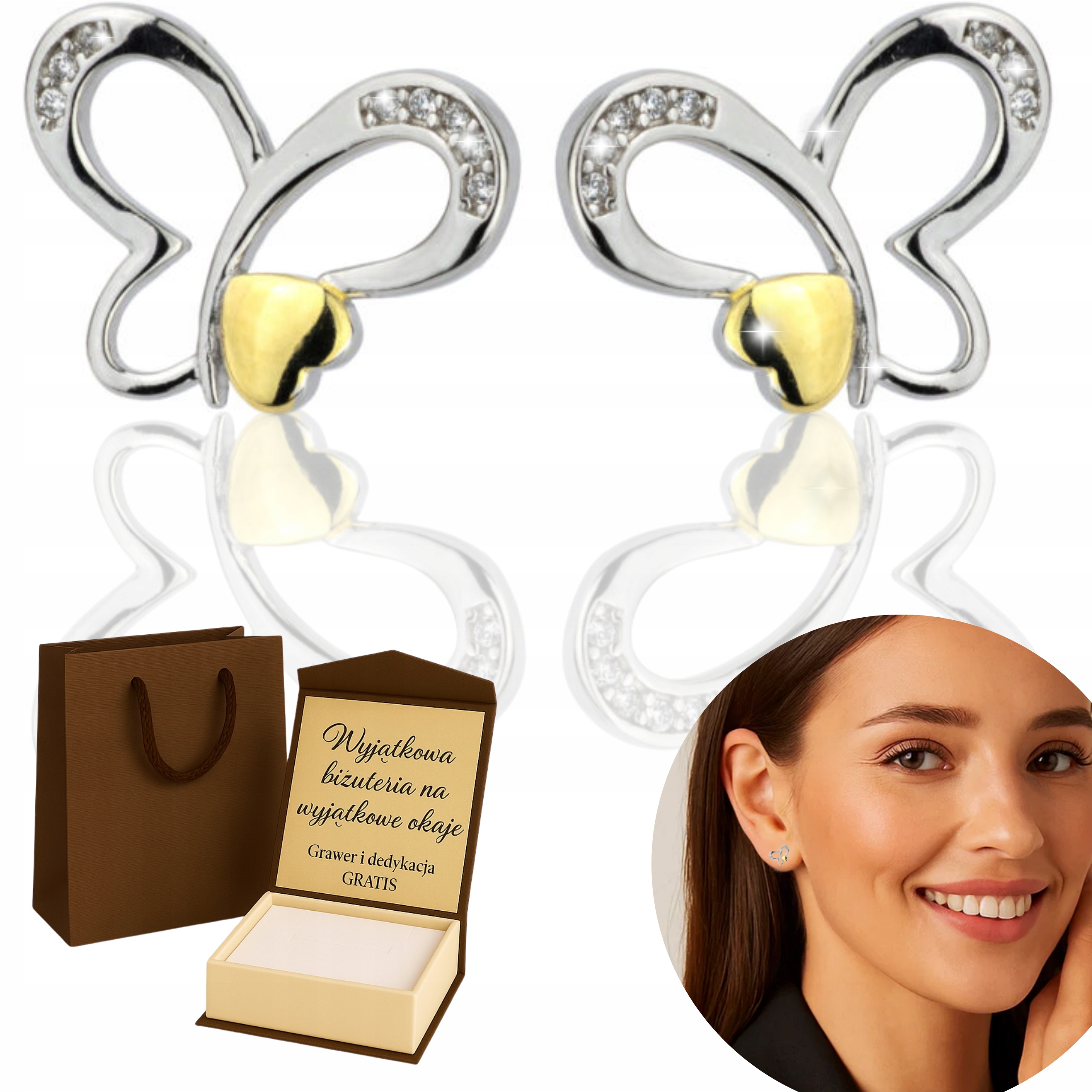 Stříbrné Náušnice Dámské, Motýl Zirkony Pr 925 Stříbro Rhodiované Gravírování