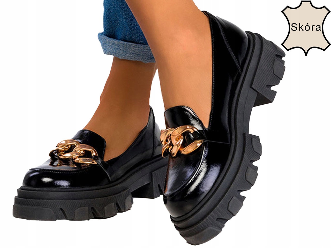 MOKASYNY PÓŁBUTY NA PLATFORMIE SKÓRA ŁAŃCUCH r 39